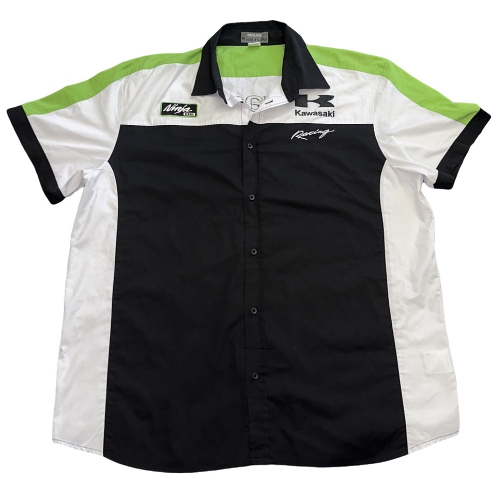 KAWASAKI RACING team men's patched/embroidered collared button-up shirt, XXL.